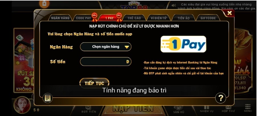 Hướng dẫn nạp tiền Top88 qua 1Pay