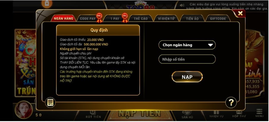 Nạp tiền qua ngân hàng tại Top88