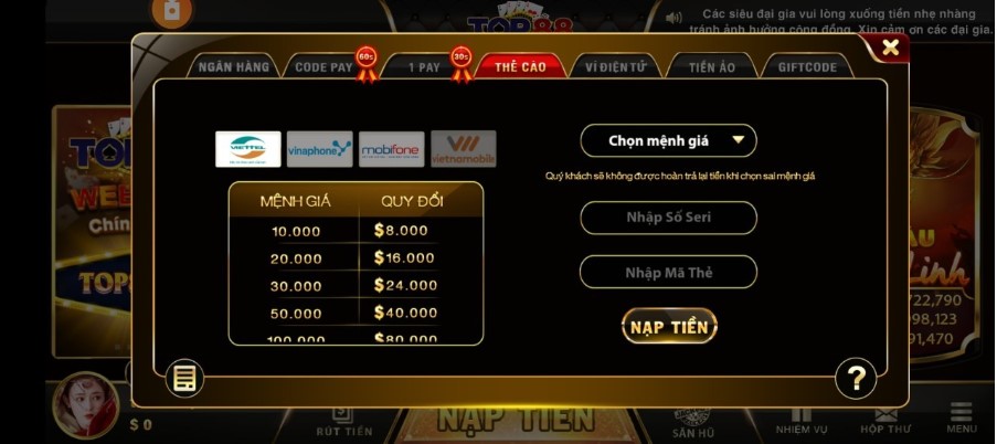 Nạp tiền qua thẻ cào tại Top88