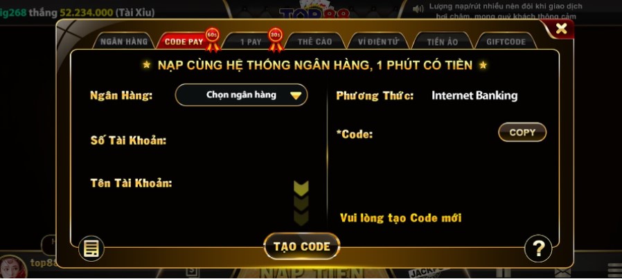 Top88 cung cấp cho bạn nhiều phương thức nạp tiền để có thể đặt cược