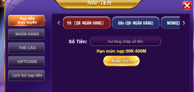 Nạp tiền 68gamebai và tham gia chơi game ngay